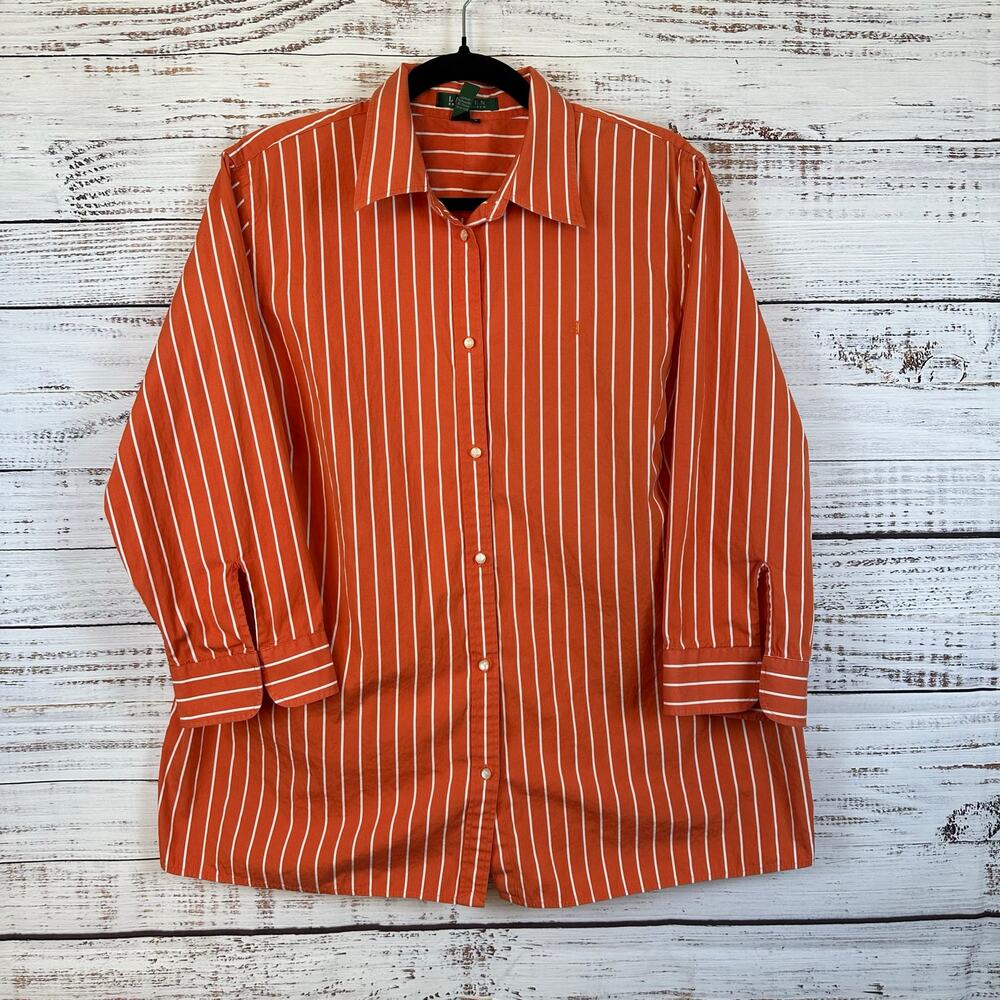 VTG Lauren Ralph Lauren Orange White Stripe Button Up Shirt 3/4 Sleeve Womens 1X